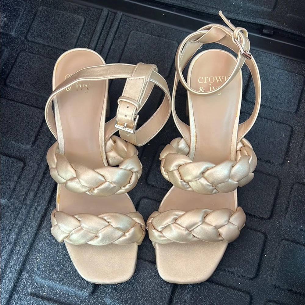 Crown & Ivy Gold Braided Sandals with Block Heel